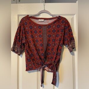 Sandro Brand Red and Blue Patterned front tie Blouse